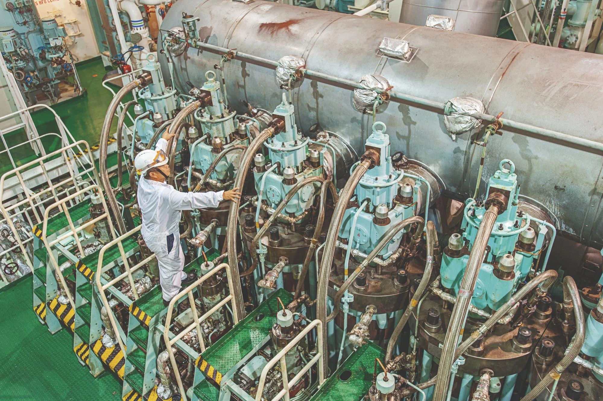 Marine machinery and piping systems in a vessel engine environment