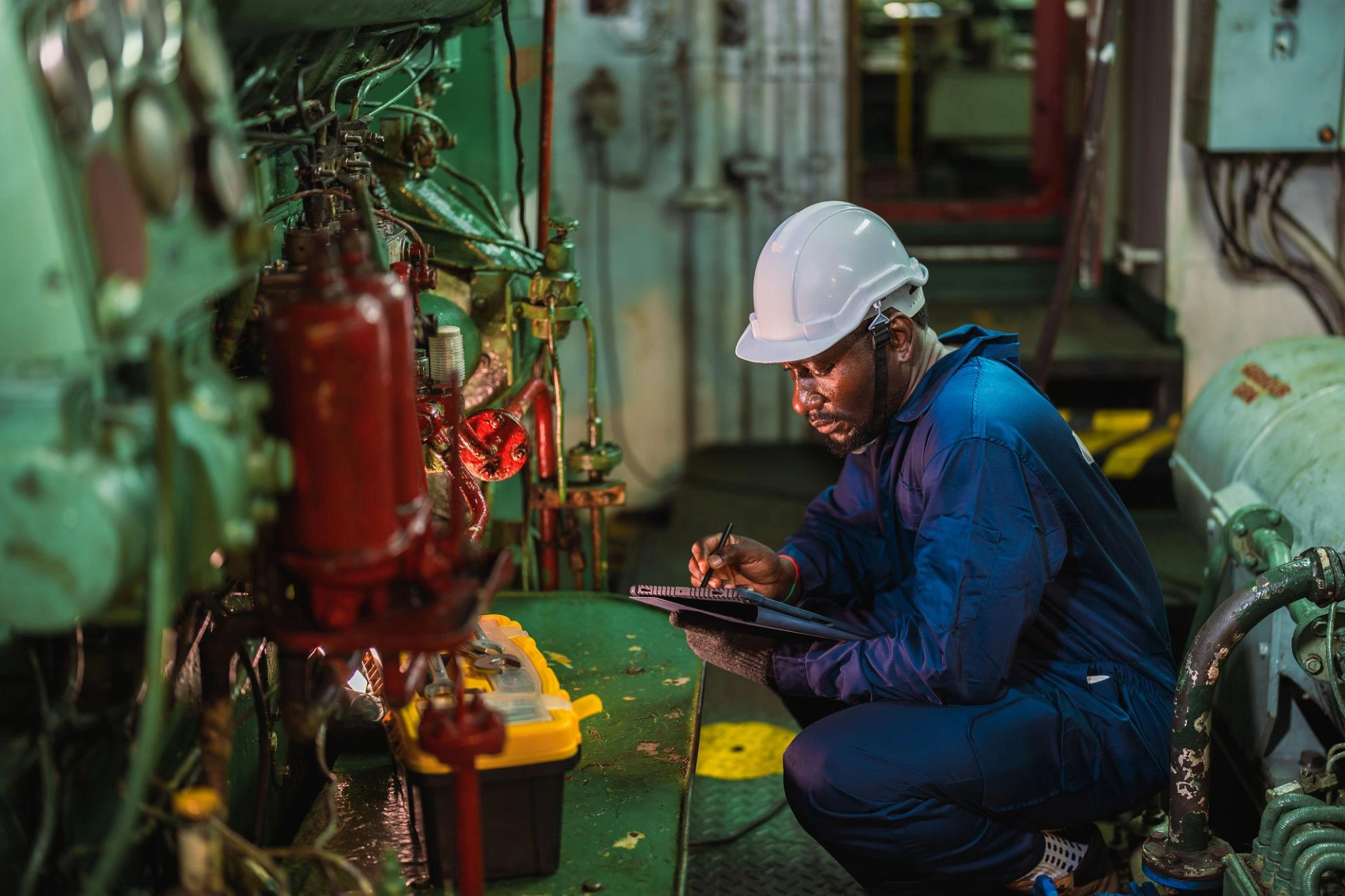 Marine engineers carrying out technical inspection