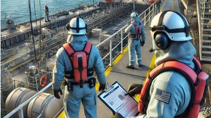Crew members wearing personal protective equipment onboard