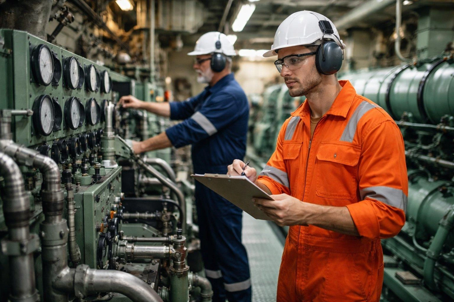 Marine technical team inspecting vessel machinery